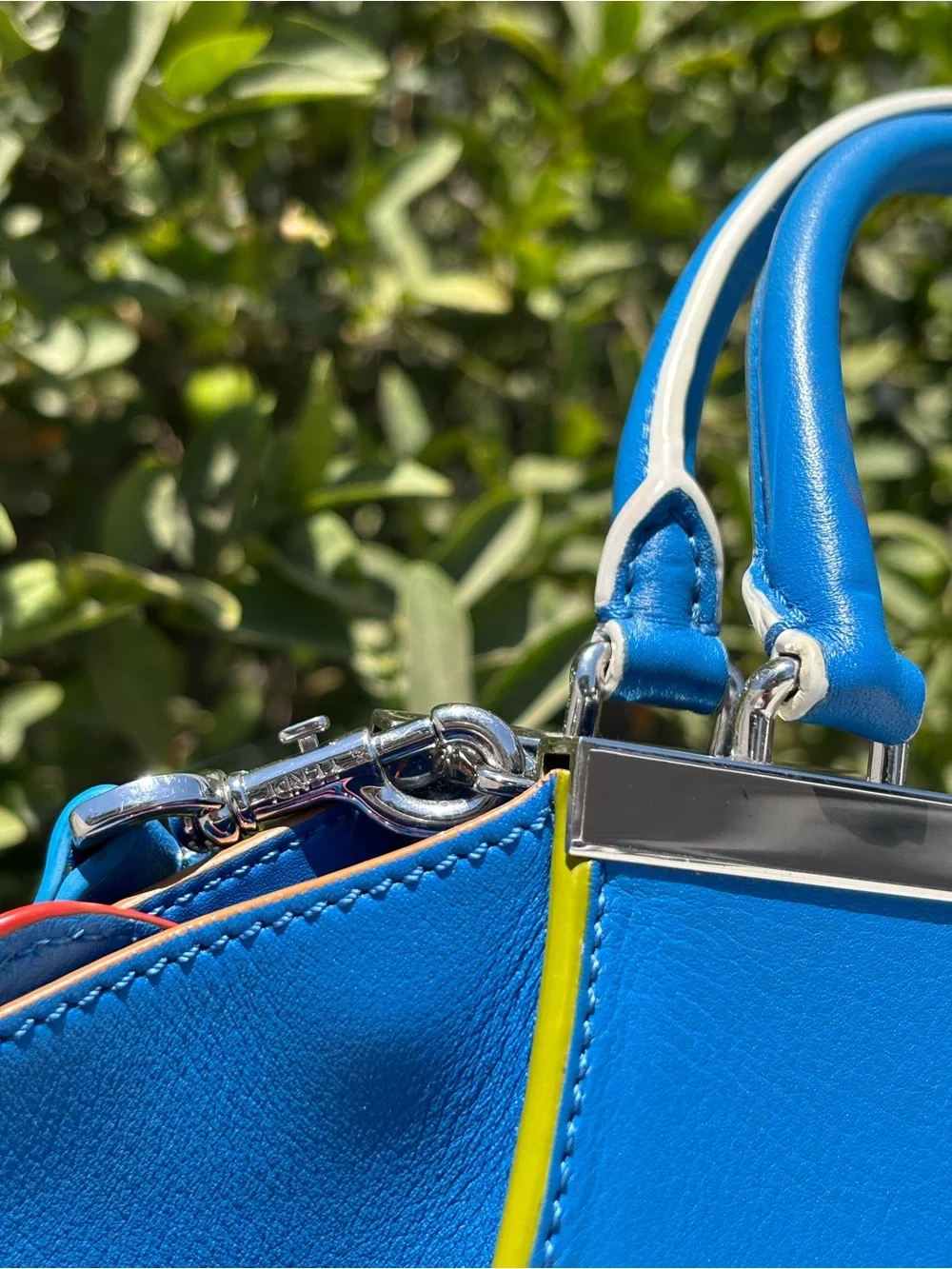 Fendi Electric Blue Leather Satchel with Lime Trim